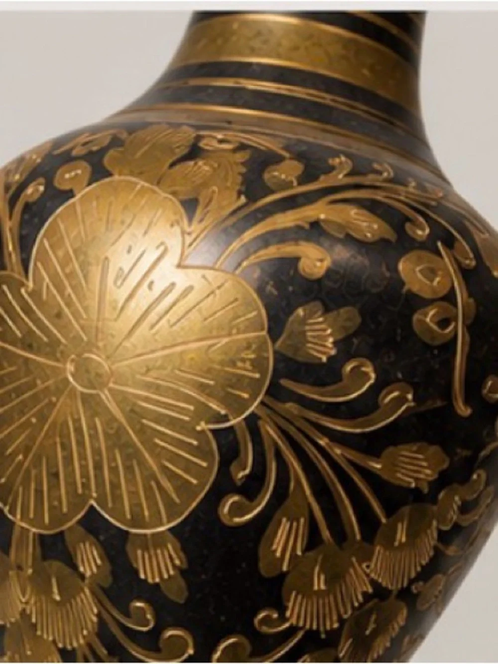 Vintage Indian Etched Brass Ornate Black & Gold Bud Urn Vase